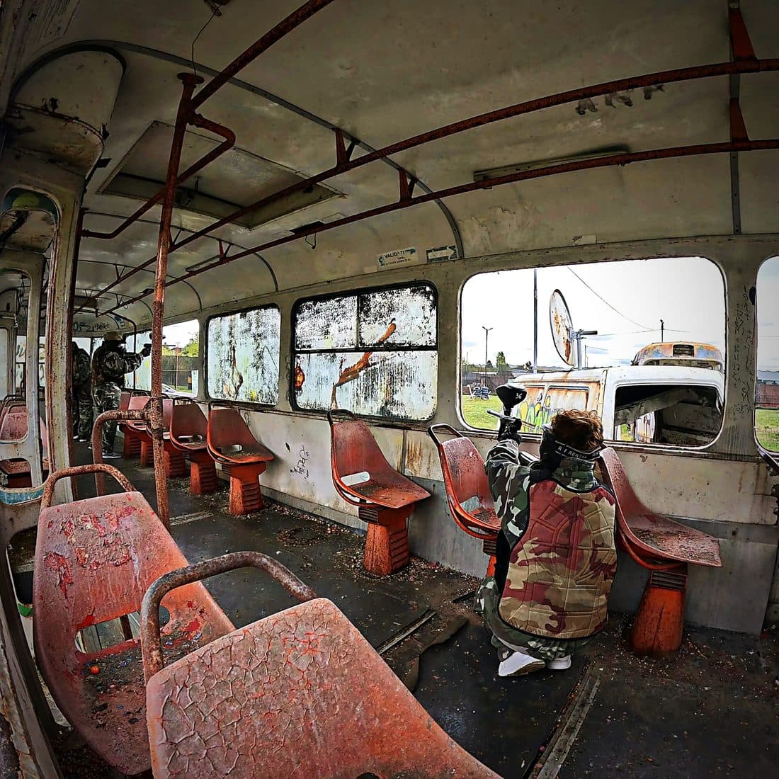 Tram interior with red seats, Area 51