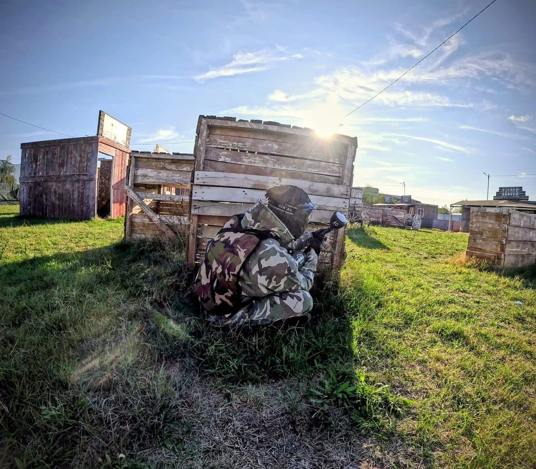 Action from behind wooden crates, Westwood
